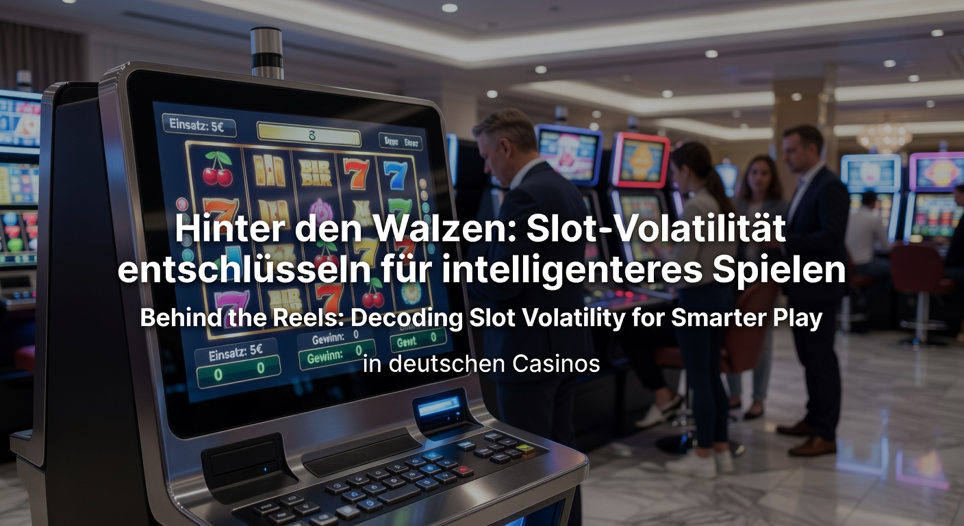 Illustration einer Slotmaschine mit variierenden Symbolen, die hohe und niedrige Volatilität darstellen, vor einem Hintergrund deutscher Casino-Lichter
