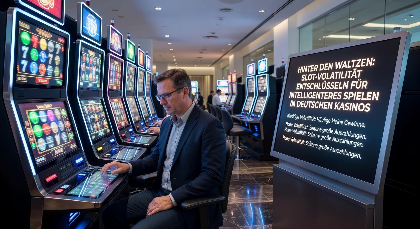 Grafik mit Balkendiagrammen, die Volatilitätsstufen bei Slots vergleichen, inklusive Gewinnfrequenz und maximalen Auszahlungen in einem deutschen Casino-Kontext