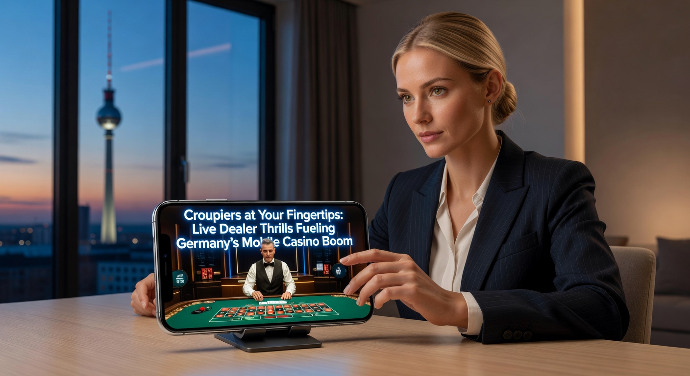 Ein professioneller Croupier leitet ein Live-Roulette-Spiel von einem eleganten Studio aus, während Spieler per Smartphone zugeschaltet sind