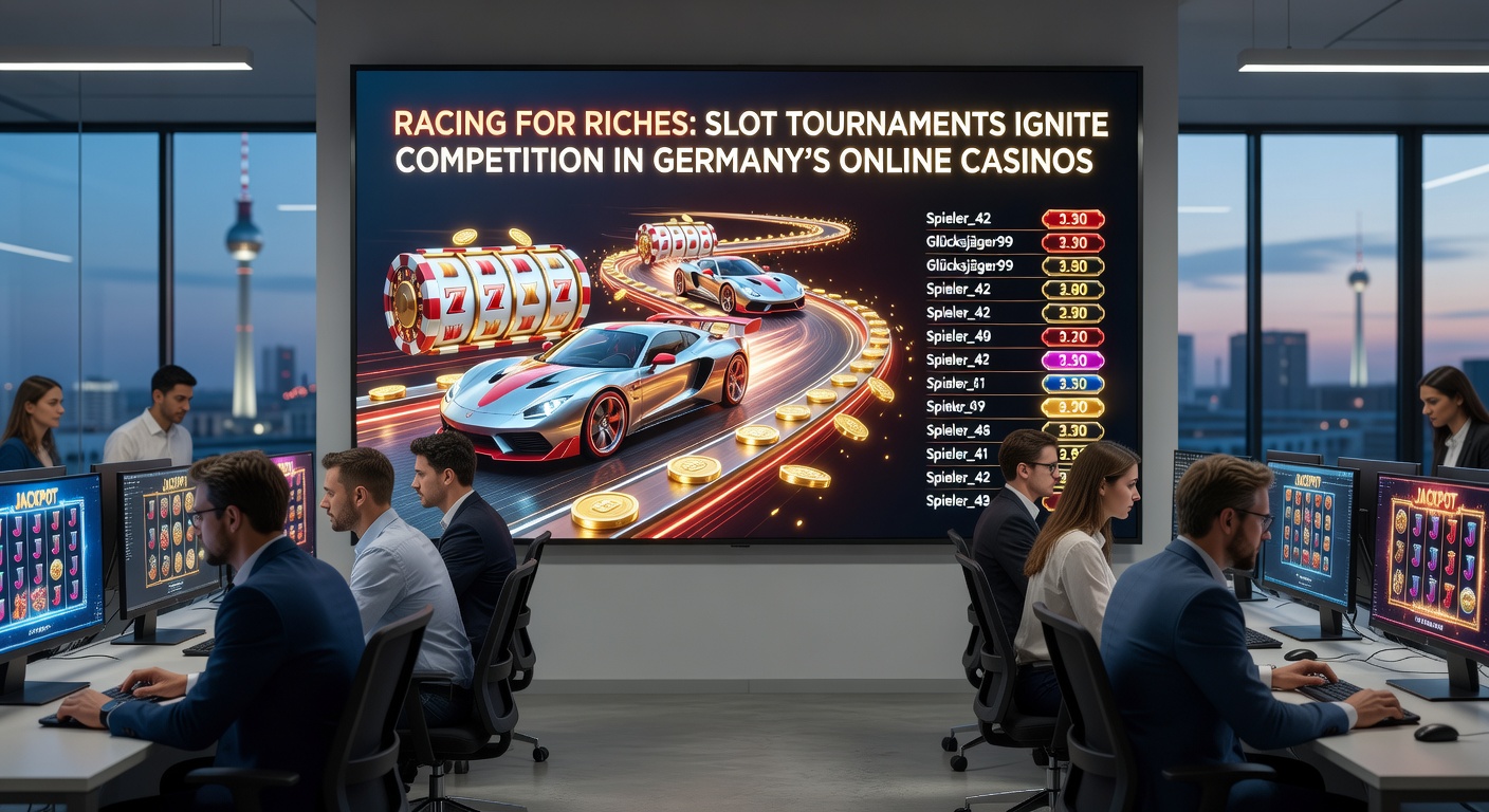 Spieler jubeln bei einem Slot-Turnier in einem deutschen Online-Casino, mit blinkenden Bildschirmen und Preisen im Fokus