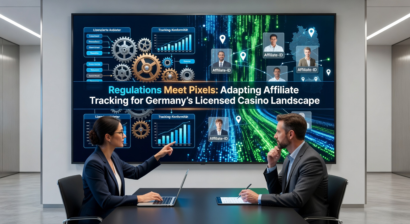 Grafik zeigt regulierte Casino-Landschaft mit digitalen Tracking-Elementen und deutschen Flaggenmotiven